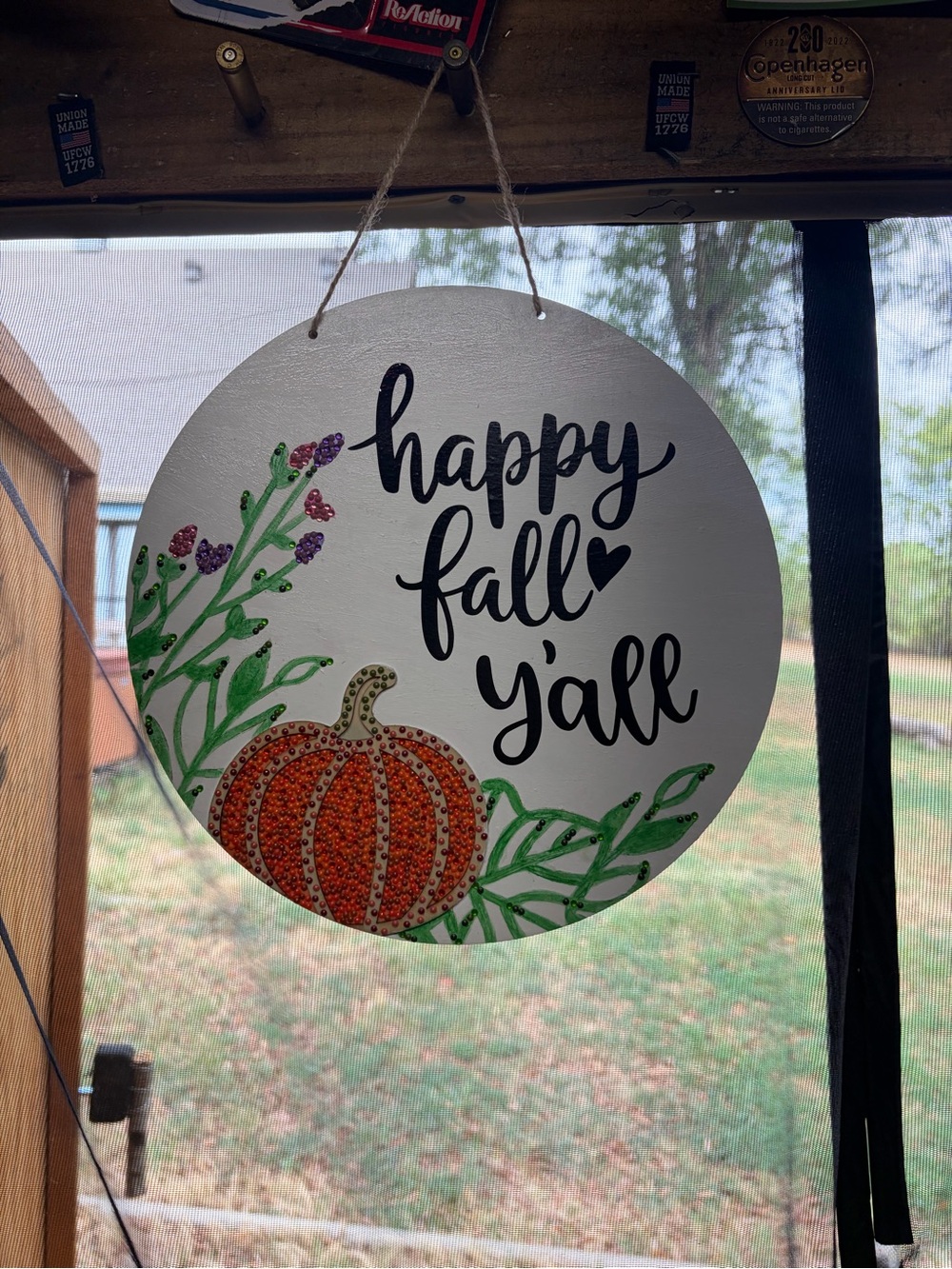 Happy Fall Y'all Round Pumpkin Wall Sign - White and Orange